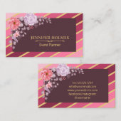 Carte De Visite Pink Gold Diagonal Stripes Floral Event Planner (Devant / Derrière)