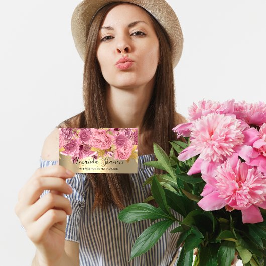 Carte De Visite Pink Gold Roses Flower Logo Planificateur d'événem