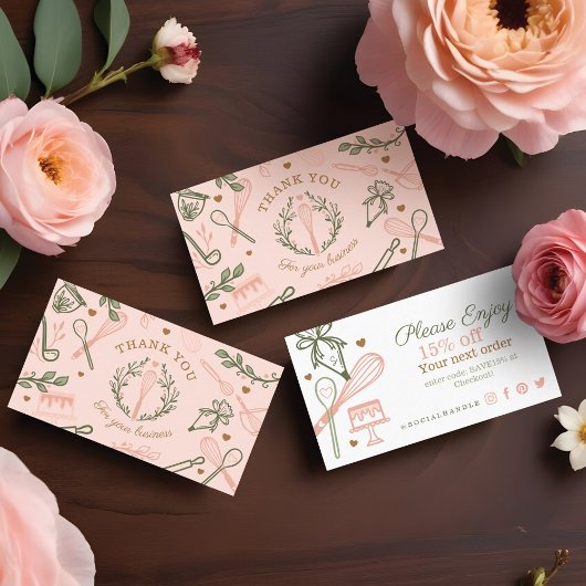 Carte De Visite Pink & Green Baking & Cuisine Ustensile Merci