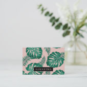 Carte De Visite Pink & Green Palm Feuille Motif & nom (Debout devant)