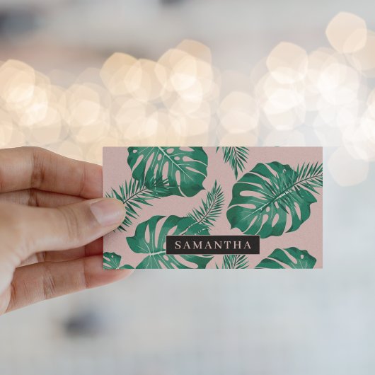 Carte De Visite Pink & Green Palm Feuille Motif & nom