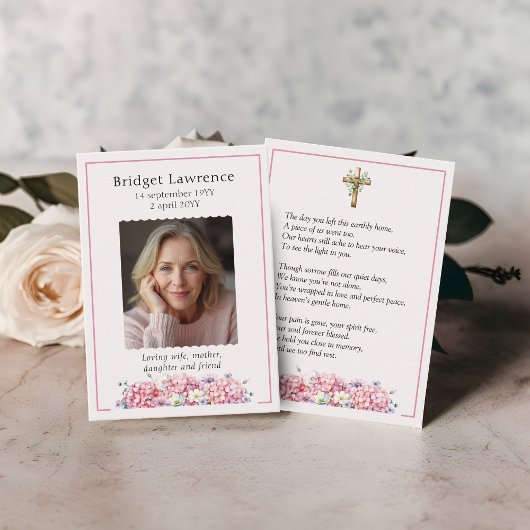 Carte De Visite Pink Hydrangea Memorial Photo Prayer Card