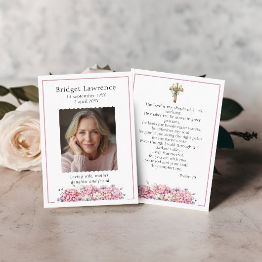 Carte De Visite Pink Hydrangea Memorial Photo Psalm 23 Prayer Card