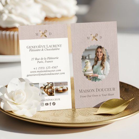 Carte De Visite Pink Linen Elegant Chic Bakery Gold Whisk Photo