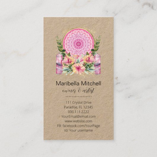 Carte De Visite Pink Mandala Crystals Flower Energy Yoga Reiki Spa (Dos)