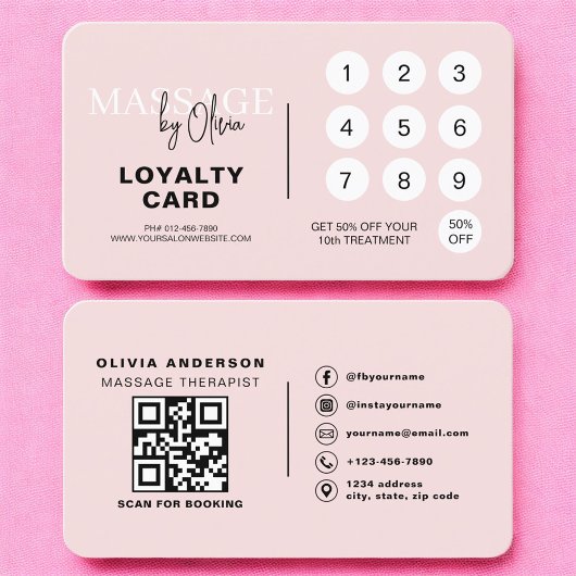 Carte De Visite Pink Massage Therapy Loyalty Card with QR Code