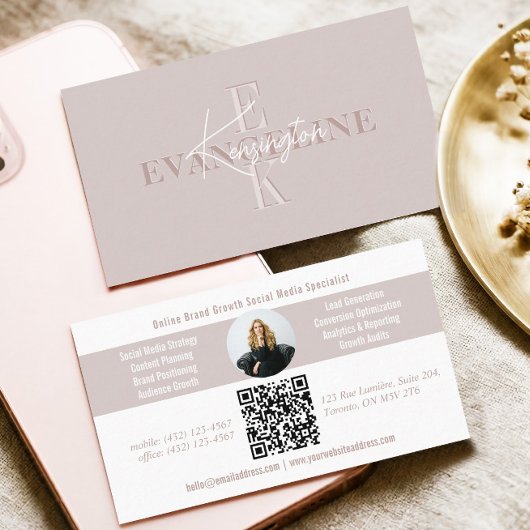 Carte De Visite Pink Modern Minimal Monogram Script Photo QR Code