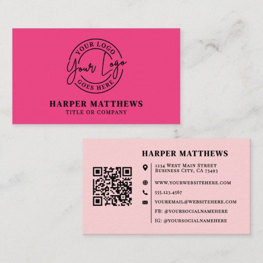 Carte De Visite Pink Modern Minimalist Logo QR Code Business Card (Devant / Derrière)