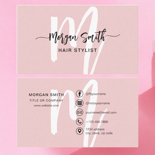 Carte De Visite Pink Modern Script Girl Monogramme Nom