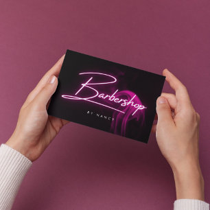 Carte De Visite Pink Neon Smoke Barbershop Script manuscrit