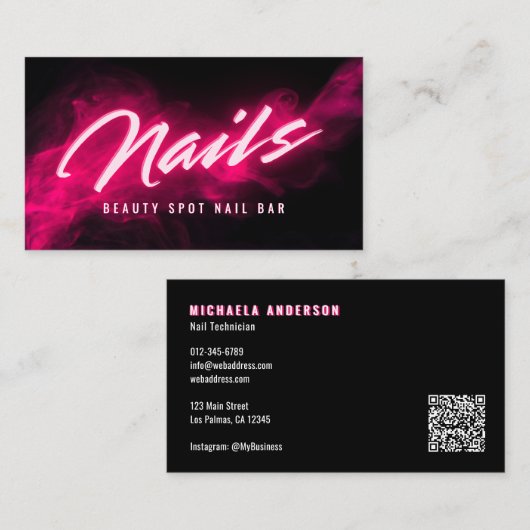 Carte De Visite Pink Neon & Smoke Nail Salon QR Code & Socials (Devant / Derrière)
