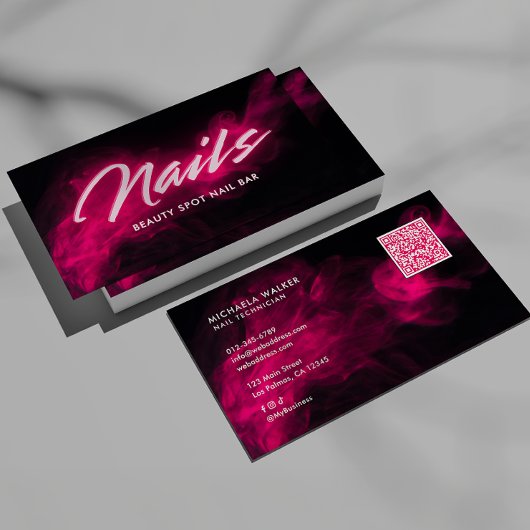 Carte De Visite Pink Neon & Smoke Nail Salon QR Code & Socials