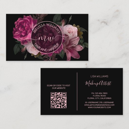 Carte De Visite Pink Peony Flower Black Logo (Devant / Derrière)