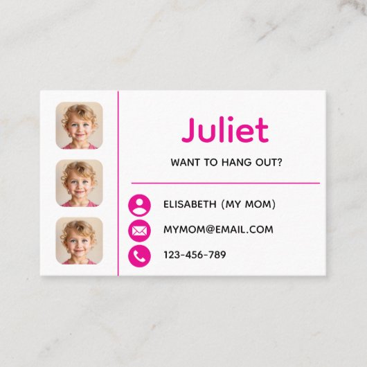 Carte De Visite Pink Photo Kids Playdate Card (Devant)