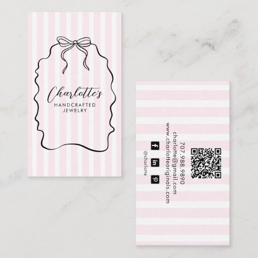 Carte De Visite Pink Pinstripe Ribbon créateur de bijoux (Devant / Derrière)