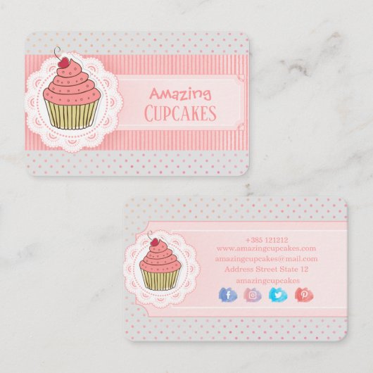 Carte De Visite Pink Polka Dots Stripes Cupcake (Devant / Derrière)