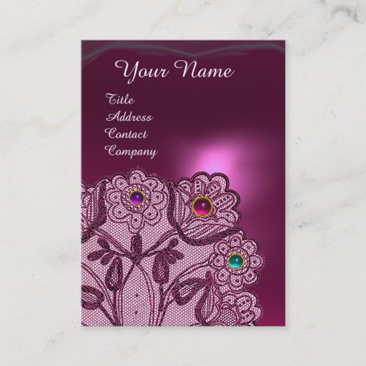 CARTE DE VISITE PINK PURPLE LACE FLEURS, GEMS COLORÉ MONOGRAMME (Devant)