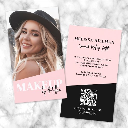 Carte De Visite Pink QR Code Photo Makeup Vertical
