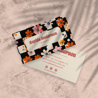 Carte De Visite Pink Retro Floral Checkered Business Card