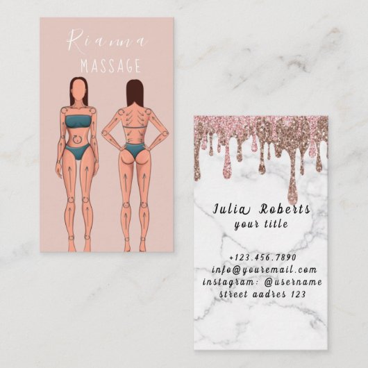 Carte De Visite Pink & Rose Gold Brossé Metal Massage Thérapiste B (Devant / Derrière)