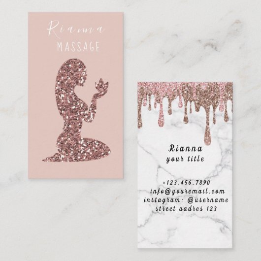 Carte De Visite Pink & Rose Gold Brossé Metal Massage Thérapiste B (Devant / Derrière)