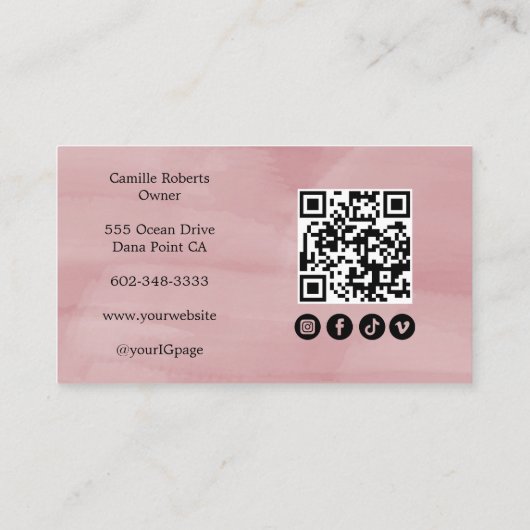 Carte De Visite Pink Script Logo QR Code Photo Lash (Dos)