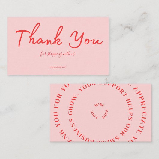 Carte De Visite Pink Script Thank You Card Made With Love Business (Devant / Derrière)