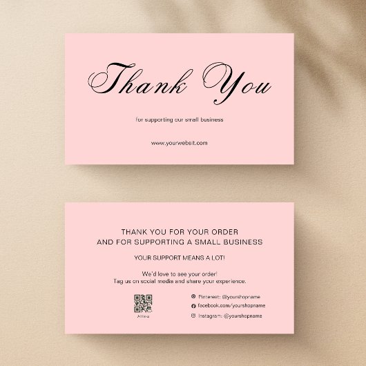 Carte De Visite Pink Script Thank You Card QR Code Small Business