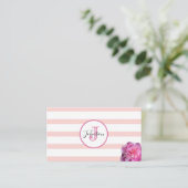 Carte De Visite Pink Stripe et Peony Monogramme (Debout devant)