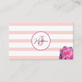 Carte De Visite Pink Stripe et Peony Monogramme (Devant)