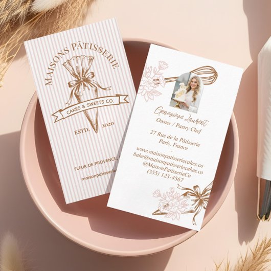 Carte De Visite Pink Stripe Floral Baking Utensils Pastry Bakery 