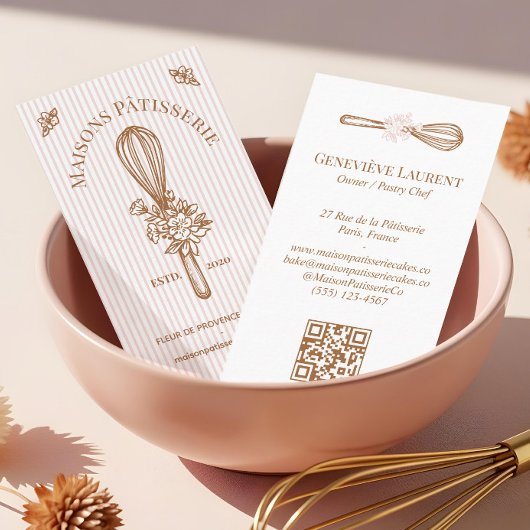 Carte De Visite Pink Stripe Floral Whisk Baking Utensil Bakery