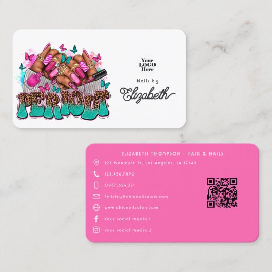Carte De Visite Pink & Turquoise Periodé Black Woman Nail Salon (Devant / Derrière)