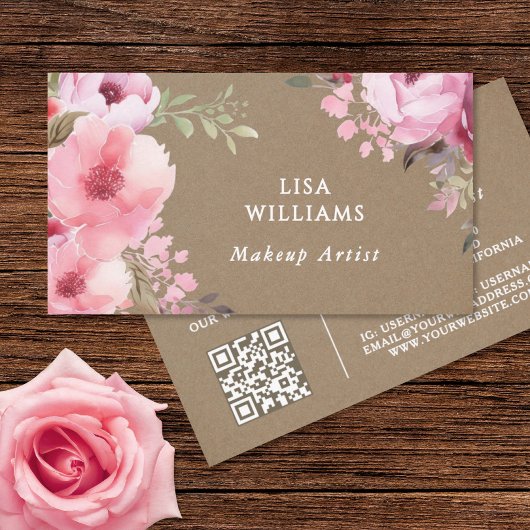 Carte De Visite Pink Watercolor Flowers Rustic Makeup Artist