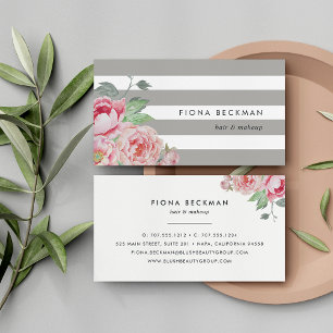 Carte De Visite Pink Watercolor Peony & Gray Stripe