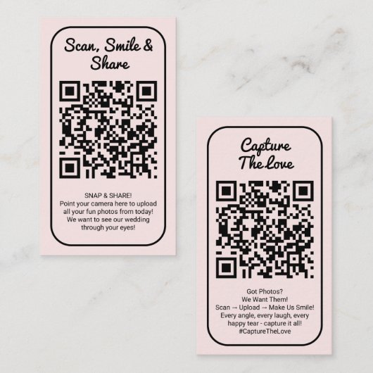 Carte De Visite Pink Wedding Photo Sharing Capture Love QR Code  (Devant / Derrière)