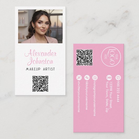 Carte De Visite Pink White & Black Script Makeup Photo Personalize (Devant / Derrière)