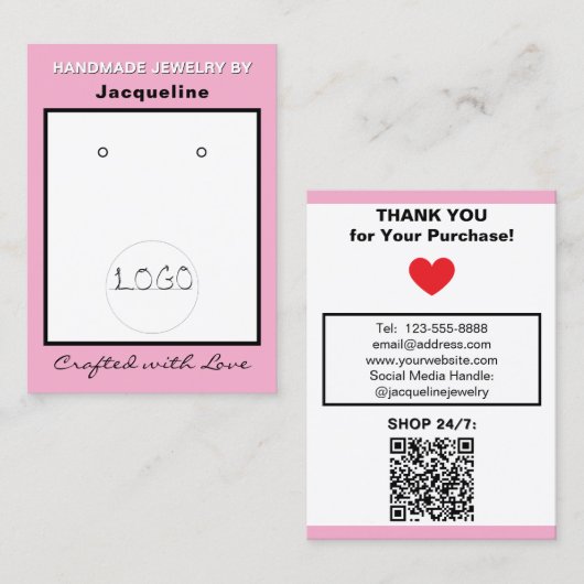 Carte De Visite Pink White Logo Jewelry Earrings QR Code (Devant / Derrière)