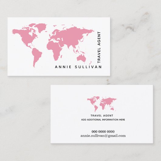 Carte De Visite Pink World Map Travel Agent (en option blanche) (Devant / Derrière)