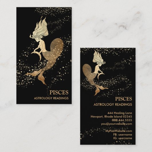 Carte De Visite *~* PISCES Astrologie Zodiaque Lecture d'or noir (Devant / Derrière)