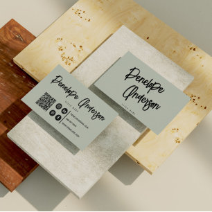 Carte De Visite Pistache neutre minimaliste Boho QR Code moderne