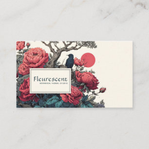Carte De Visite Pivoine rouge de style Ukiyo-e japonais Oiseau noi