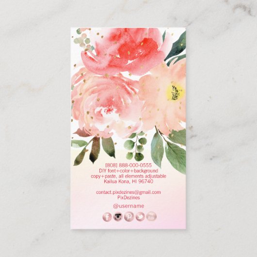Carte De Visite PixDezines Aquarelle Blush Peonies Or Dust Busi (Dos)