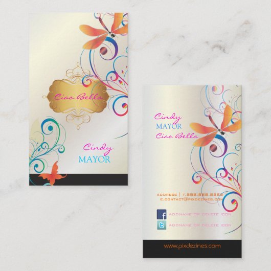 Carte De Visite PixDezines Dragonflies Papillons Rainbow Swirls (Devant / Derrière)