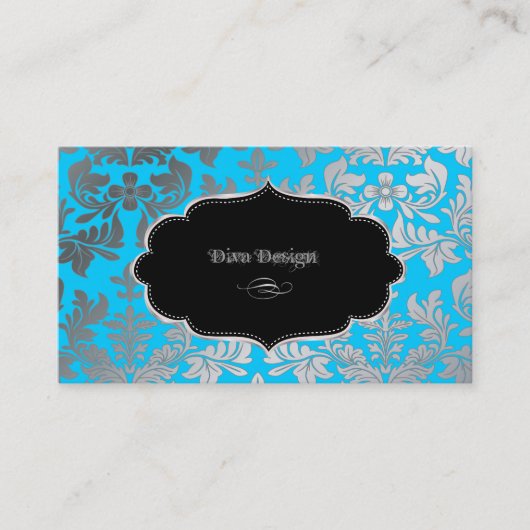 Carte De Visite PixDezines Faux argent baroque damask aqua bleu (Devant)