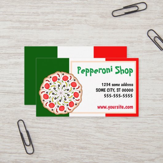 Carte De Visite pizzeria italienne Pepperoni (Devant/Arrière en situation)