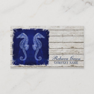 Carte De Visite plage chic dérive bois nautique bleu seahorse