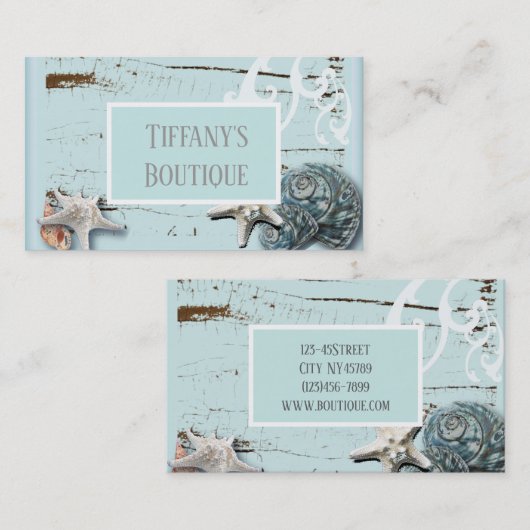 Carte De Visite plage girly chic étoile coquillages aqua bleu (Devant / Derrière)