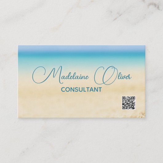 Carte De Visite Plage Océan Côte QR Code bleu moderne (Devant)