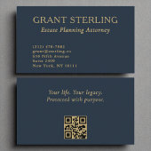 Carte De Visite Plan immobilier Attorney Navy Blue Gold QR Code